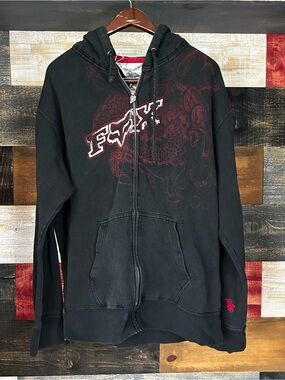 Fox racing dragon Black Zip-Up Hoodie with Red Graphic XL Y2K vintage